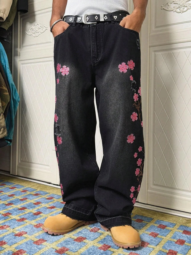 Men's Black Vintage Loose Wide-Leg Jeans, Four-Season Street-Style Ripped Denim Pants with Cherry Blossom Embroidery
