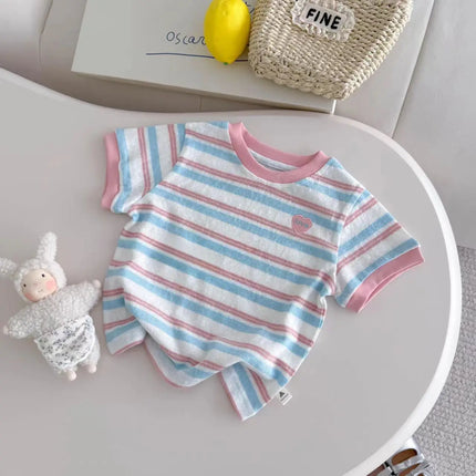 Bear Leader Summer Striped Printed Short Sleeved T-shirt Girls Clothes Fashion New Color Blocked Children's Casual Top