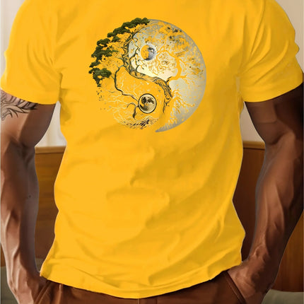 Men's summer 100% pure cotton fashionable casual loose sports yin-yang tree pattern print round neck short-sleeved T-shirt top