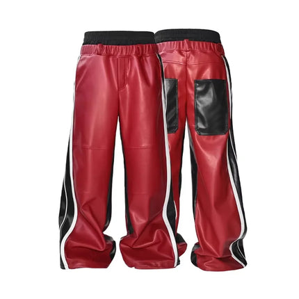 Mauroicardi Autumn Long Patchwork Double Waistband Pu Leather Wide Leg Pants Men Color Block Luxury Designer Clothes Streetwear