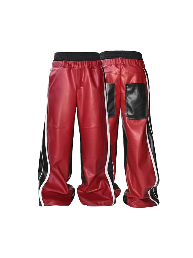 Mauroicardi Autumn Long Patchwork Double Waistband Pu Leather Wide Leg Pants Men Color Block Luxury Designer Clothes Streetwear