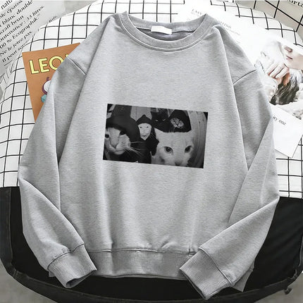 Streetwear Smoking Cat Hoodies Hip Hop Fleece Sweatshirt Soft Breathable O-Neck Pullover Casual Female Clothes