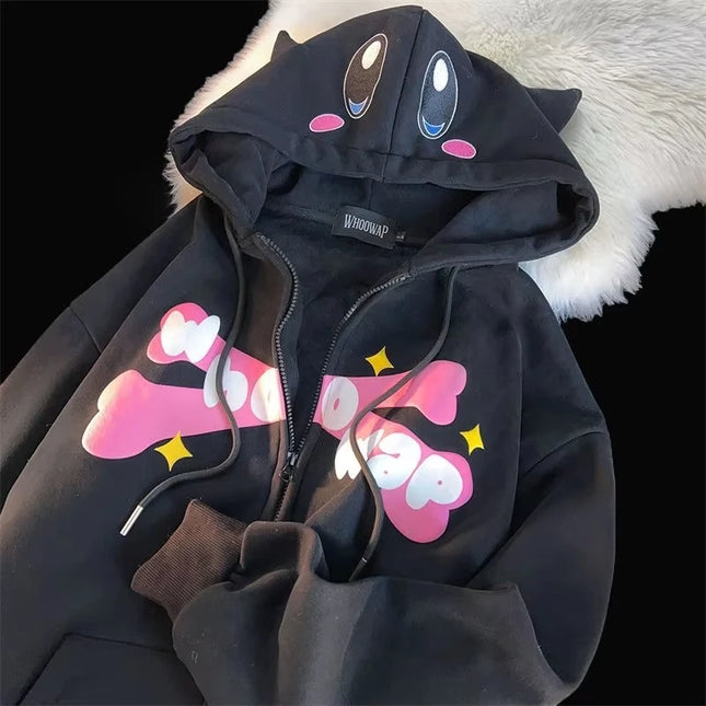 American Fashion Trend Pattern 3D Zipper Hoodie Women Street Y2K New Hip Hop Joker Fleece Padded Sweatshirt Couple Casual Hoodie