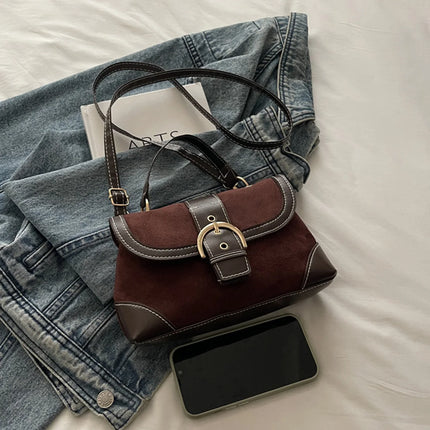 Elegant Shoulder Bag Metal Buckle Suede Leather Mix and Maillard Tones Flap Magnetic Snap Multifunction Crossbody for Commute