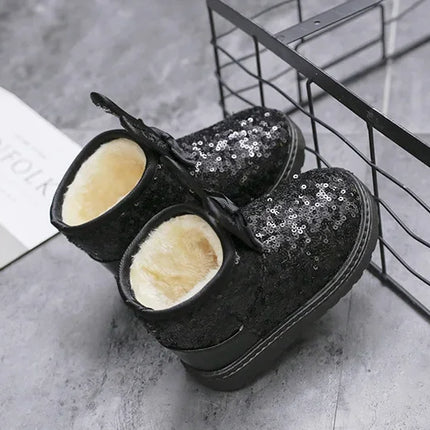 Girls Snow Boots Bunny Ear Bowtie Sequins Cute Winter Warm Ankle Boots Princess Toddler Non-slip Fashion Kids Boot Glitter Bling