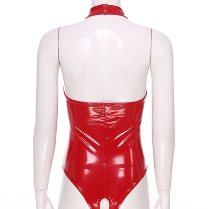 Womens Latex Lingerie Cutout Patent Leather Bodysuit Halter Neck Backless Crotchless Open Cup Teddies Leotard Erotic Clubwear