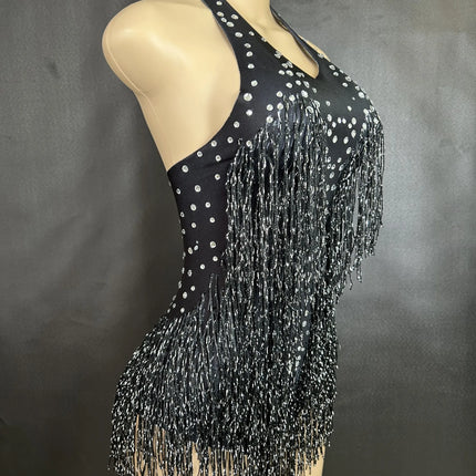 Sparkly Rhinestones Fringe Bodysuit Women Nightclub Party Dance Costume Stage Wear Sexy Tassel Leotard Performance Clothing 7G