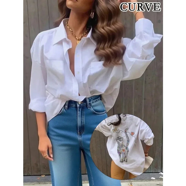 Plus Size 1XL-5XL Women's Fashion Spring Autumn Cat Print Blouse Shirt Women's Casual White Shirt Tops