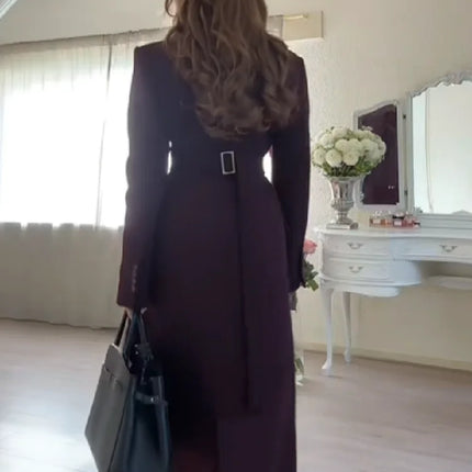 Women's Long Coat Slim V Neck Single Breasted Overcoats Shoulder Pad Maxi Jackets with Belt 2025 New Winter Lady Commute Outwear