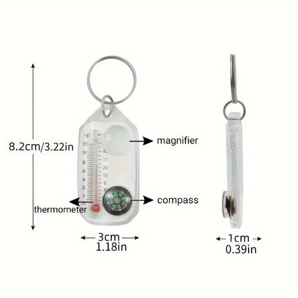 3 in 1 Keychain Compass Portable Mini Keychain Outdoor Thermometer Magnifying Glass Compass, Camping Essentials, Survival Tools,