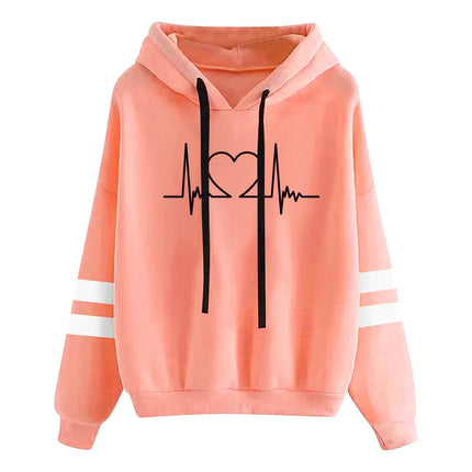 Fashion Heartbeat Printed Women Hoodies Lightweight Large Size Loose Pullover Female Solid Color Drawstring Hooded Sweatshirts
