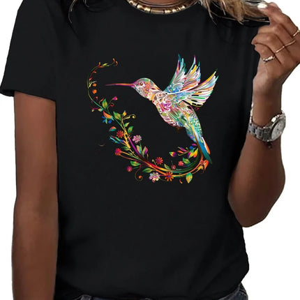 Hummingbird print short-sleeved T-shirt spring and summer casual crew neck top women's clothing women clothing