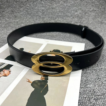 Fashionable Geometric Double Oval Metal Buckle Decorative Belt Versatile Personality High-End Design PU Leather Waistband