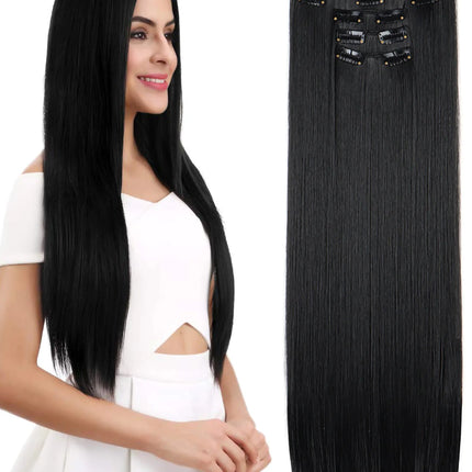 24 Inch Natural Hair Clips Synthetic Hair for Women Hair Tinsel Kit 16 Clips-on Hair in 6pcs Hair Extensions Wicks for Hair