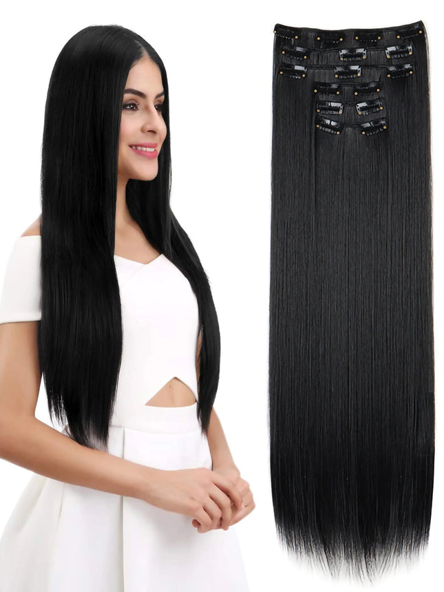 24 Inch Natural Hair Clips Synthetic Hair for Women Hair Tinsel Kit 16 Clips-on Hair in 6pcs Hair Extensions Wicks for Hair