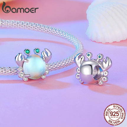 BAMOER 925 Sterling Silver Dreamy Ocean Series Dazzling Crab Beads Seahorse Pendant Charms for Women Bracelet and Necklace DIY