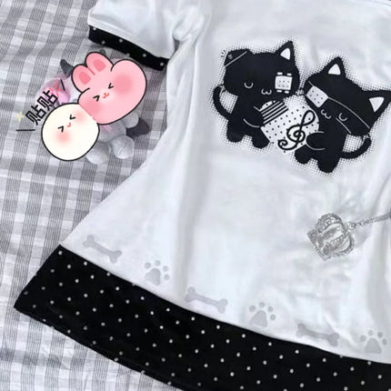 Japanese Sweet Kawaii Cartoon Polka Dot Print T-shirt Women Loose Casual Contrast Color Cute Graphic Tees Y2k Aesthetic Tops New