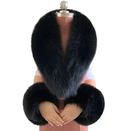 Winter Natural Fox Fur Scarf And Cuff Set Women Jacket Fur Collar Authentic Neck Warm Scarves Luxury Fluffy Fox Fur Shawl