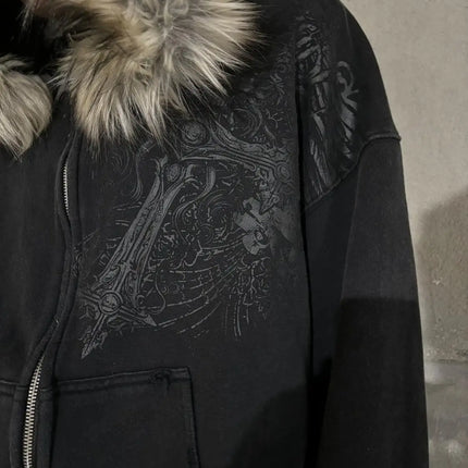 2000s Vintage Therian Fur Hood Jacket Y2k Goth Zip Up Hoodie Oversized Graphic Sweatshirt Emo Grunge Streetwear Fall Winter 2025