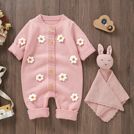 Citgeett Spring Infant Baby Girls Knit Romper Long Sleeve Button Flower Fall Jumpsuit Sweater Pink Clothes