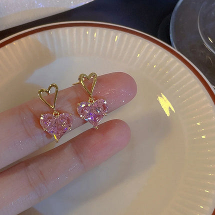Y2K Heart Jewelry Set 3pcs Pink Crystal Zircon Pendant Earrings Necklace for Women Elegant Gift