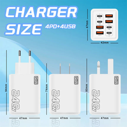 240W 8 Port USB C Charger PD Fast Charging Charger Wall Adapter EU/US/UK Plug Charger Quick Charge 3.0 Multi Ports Power Adapter