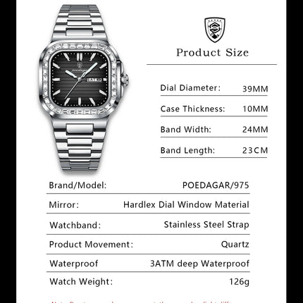 POEDAGAR Square Fashion Men's Watch Date Week Waterproof Luminous Quartz Man Watch Stainless Steel Luxury Sports Watches For Men