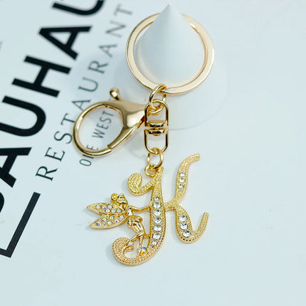 A-Z Rhinestone Elf Girl Letter Keychain Gold Color Initial Name Keyrings Girls Car Key Holder Handbag Purse Charms Decoration