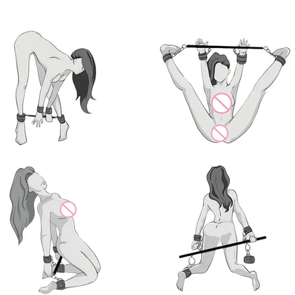 BDSM Bondage Adjustable Handcuffs & Ankle Cuffs with Stainless Steel Spreader Open Legs Pu Leather Set for Couple Sex Games