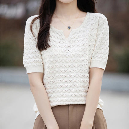 Women's T-shirt Summer New 100% Pure Cotton Tees Casual Solid Knitted Short sleeved V-neck Pullover Loose Tops Fashion Sweater