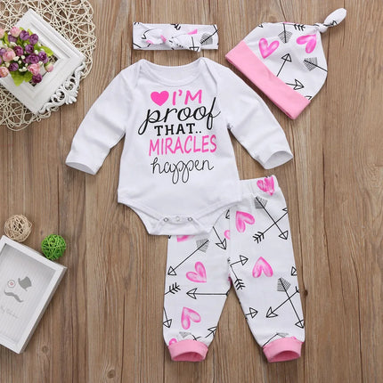 4Pcs Baby Girls Clothes Sets Newborn Letter Print Long Sleeve Romper Tops Pants Hat Headband Summer Autumn Baby Outfits 0-24M