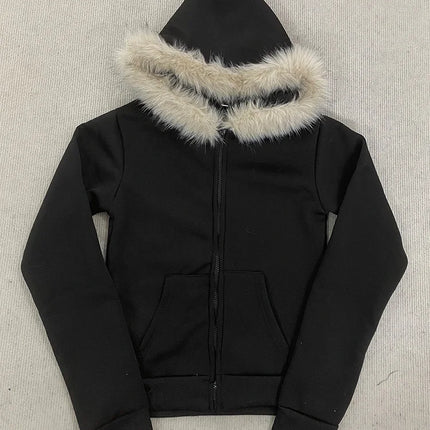 Y2K Harajuku Gothic Women's Hoodie Sexy Slim Chic Suede Fur Collar Letter Print Cardigan Sweatshirt  Female Streetwear