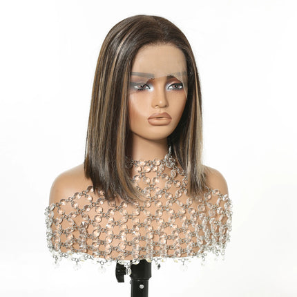 13x6 HD Transparent Lace Front Bob Wig 12" Short Straight Highlight Brown Blonde Synthetic Wigs for Women Glueless Pre Plucked