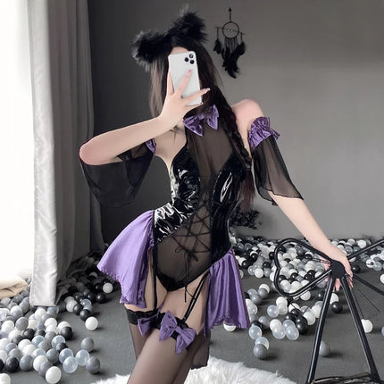 PU Leather Bodysuit Women Sexy Lingerie Anime Cosplay Costumes Halter Neck Mesh Body SuitJapanese Anime Game Fischl Uniform
