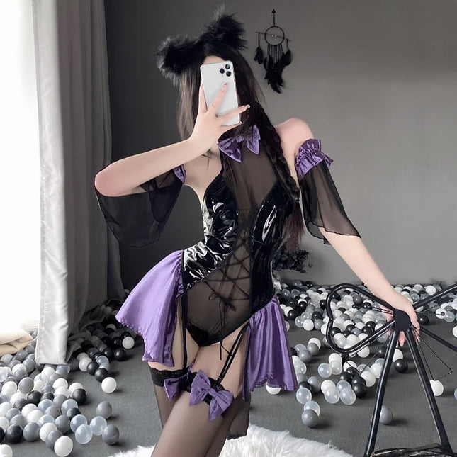 PU Leather Bodysuit Women Sexy Lingerie Anime Cosplay Costumes Halter Neck Mesh Body SuitJapanese Anime Game Fischl Uniform