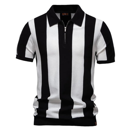 New Summer Lapel Short Sleeve Knitted Polo Shirt, European Size Men's Striped Polo, Trendy Men's Short Sleeve Top