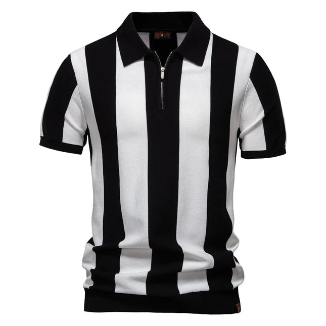 New Summer Lapel Short Sleeve Knitted Polo Shirt, European Size Men's Striped Polo, Trendy Men's Short Sleeve Top