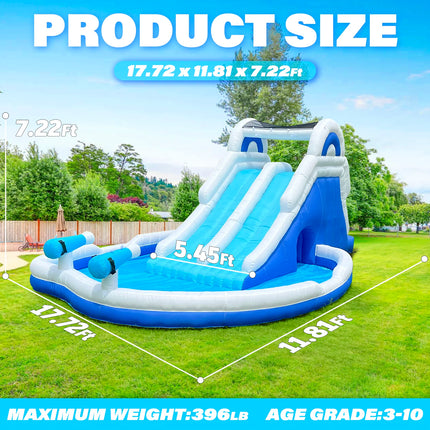 Blue & White Water Slide with Dual Sliding Lanes, Large Splash Pool, and Fun Water Cannon - Ultimate Outdoor Summer Water Slide