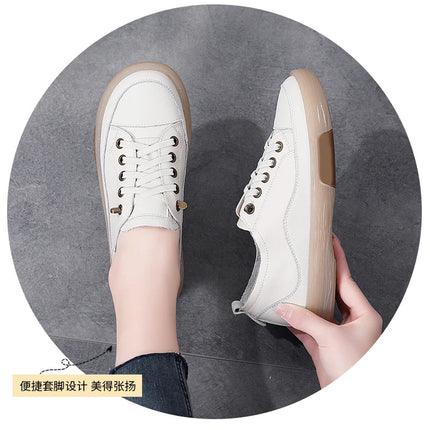 Genuine Leather Women Soft Sole Walking Shoes Girl Student Jogging Sneaker White Black Flats Female Casual Skate Trainers Summer