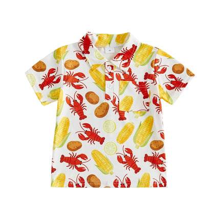Little Boys Shirts Short Sleeve Lapel Collar Crayfish Corn Print Casual Summer Tops