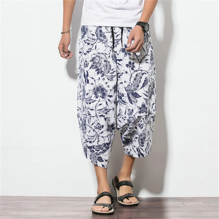 Harajuku Summer Loose Calf Length Casual Pants Men Wide Leg Cotton Linen Printing Baggy Pants Oversize Men's Trousers