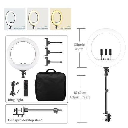 SH Ring Light 18inch Kit 36W 6500K Professional LED Control Stand Phone Holder Tube  Bag for Tattoo Lash Extension Barber Light