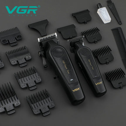 VGR V-197&995 high-end hair clipper two-piece set, metal leather body, electric push shear, LED digital display, oil head carvin