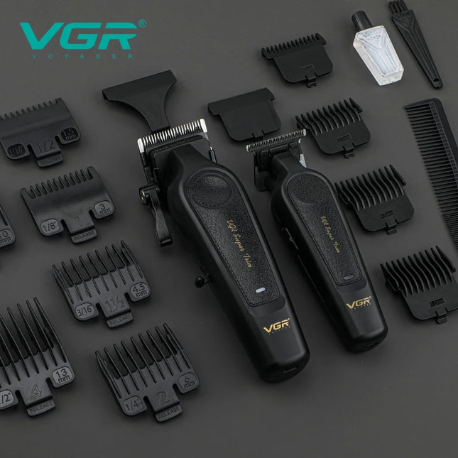 VGR V-197&995 high-end hair clipper two-piece set, metal leather body, electric push shear, LED digital display, oil head carvin