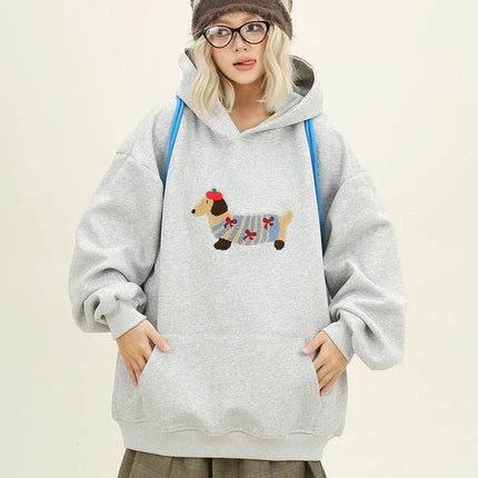 Women Sweatshirt Streetwear Couples Tops Casual Loose Hoodie Autumn Winter Cartoon Dog Embroidery Hooded Pullover