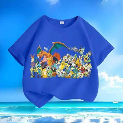 New Pokemon Pikachu Summer Cartoon Short-sleeved T-shirts for Men, Women, Adults and Children, Pure Cotton Round-neck Loose Top