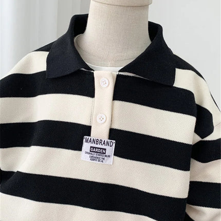 Boys Striped Sweatshirt New Spring Kids Long Sleeve Pullover Teen Cotton Lapel Polo Tops Autumn Children Clothes 2-12 Years