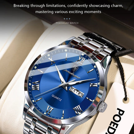 POEDAGAR Luxury Man Clock Waterproof Luminous Week Date Fashion Men's Wristwatch Stainless Steel Business Quartz Watches For Men