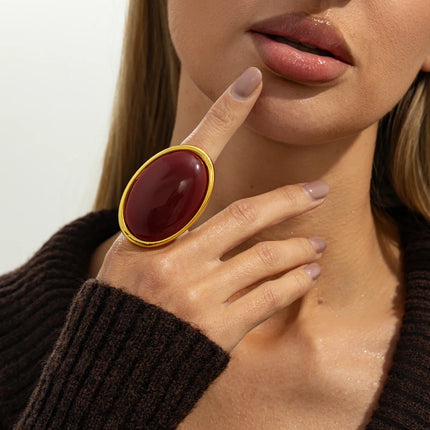 Salircon Classic Simple Geometry Red Oval Resin Finger Ring for Women Vintage Elegant Rings Charm Party Accessories Jewelry Gift