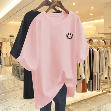Women Clothing Pure Cotton Smiling Printing Basic T-shirt Summer Fashion Casual O-neck Short Sleeve Top Tee Oversized Pullovers